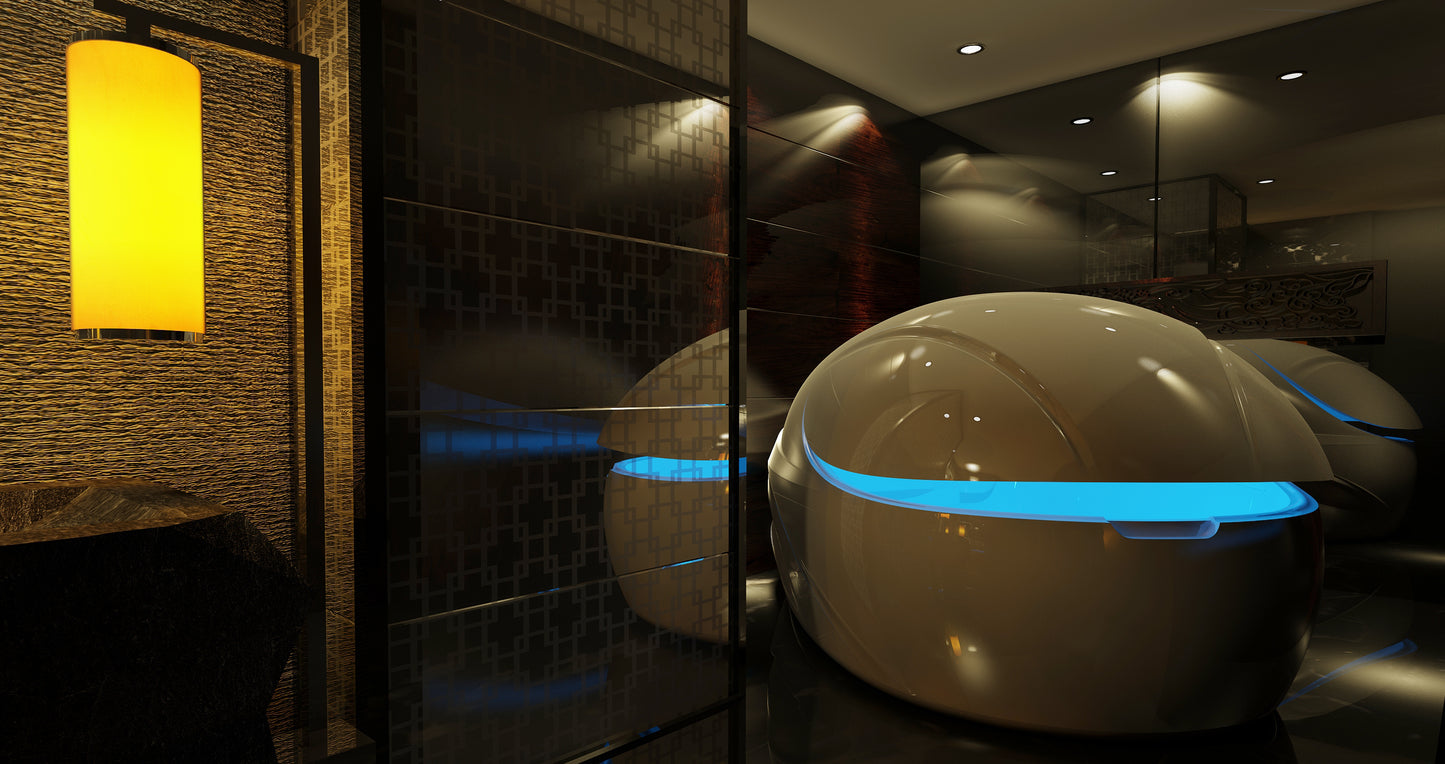 Users enjoying deep relaxation in the V-Max Float Pod with ambient LED lighting
