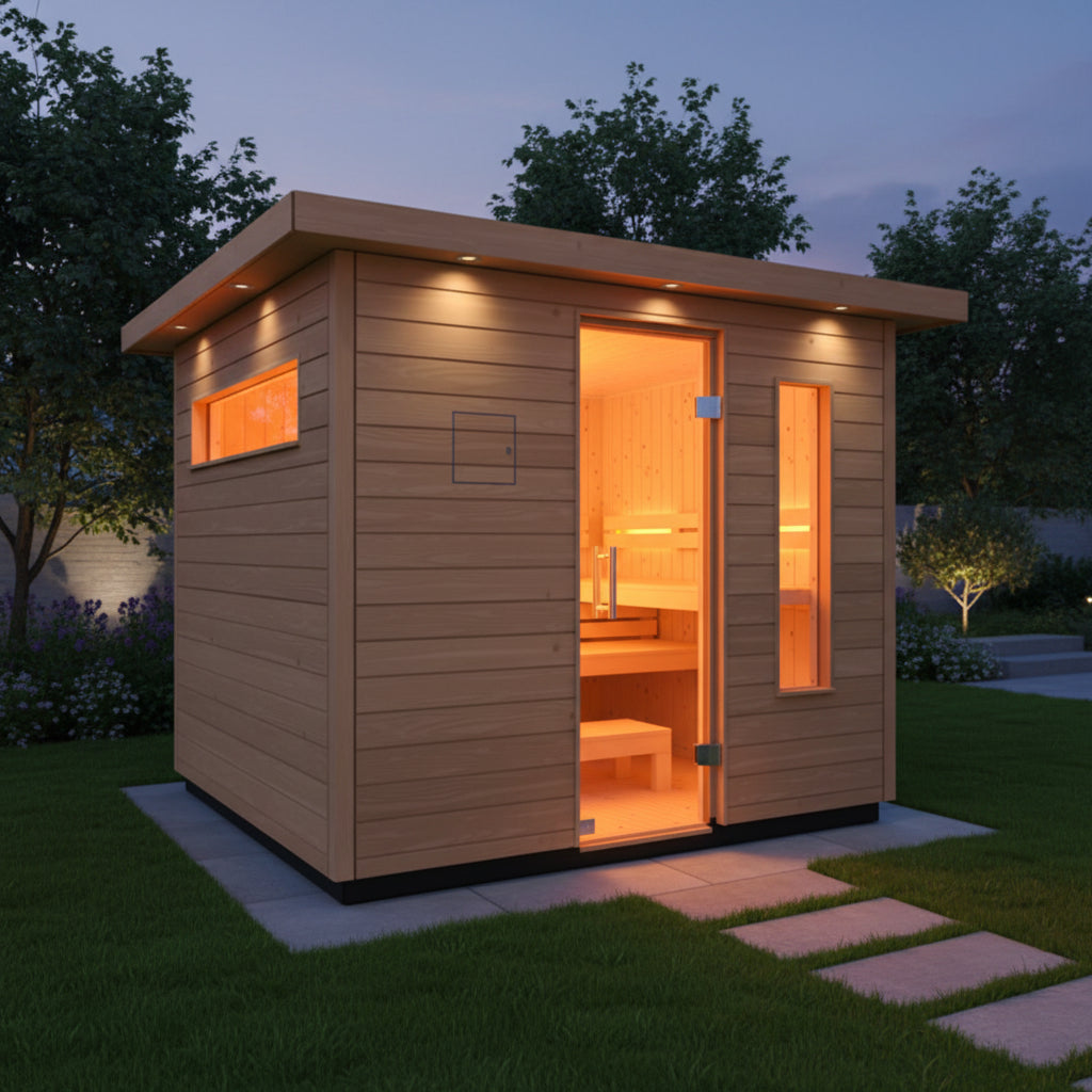 Luxury-Outdoor-Sauna-with-Exterior-Surround-Lighting-and-Warm-White-Interior-Glow