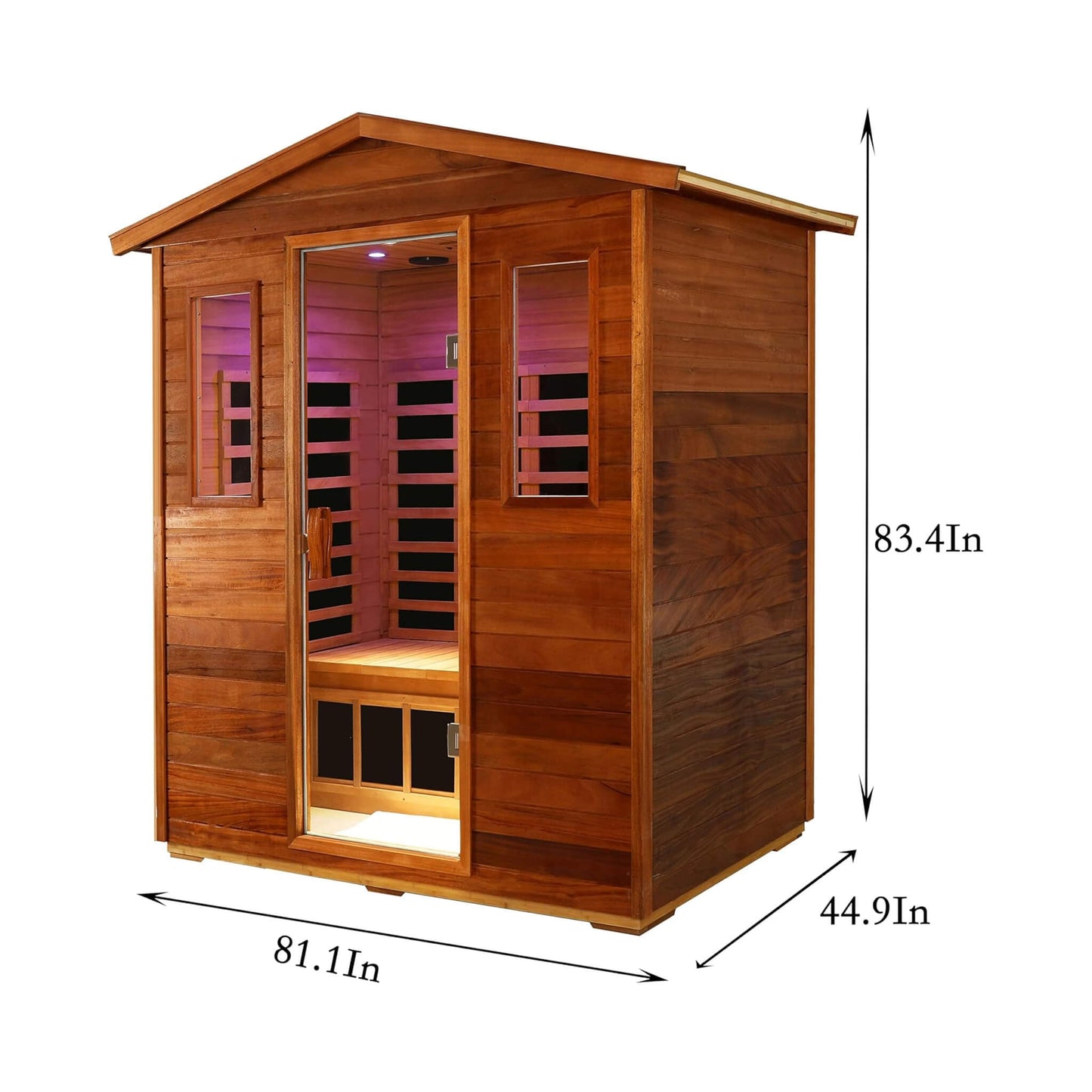 Weather-resistant West African Mahogany wood grain on an outdoor sauna cabin.