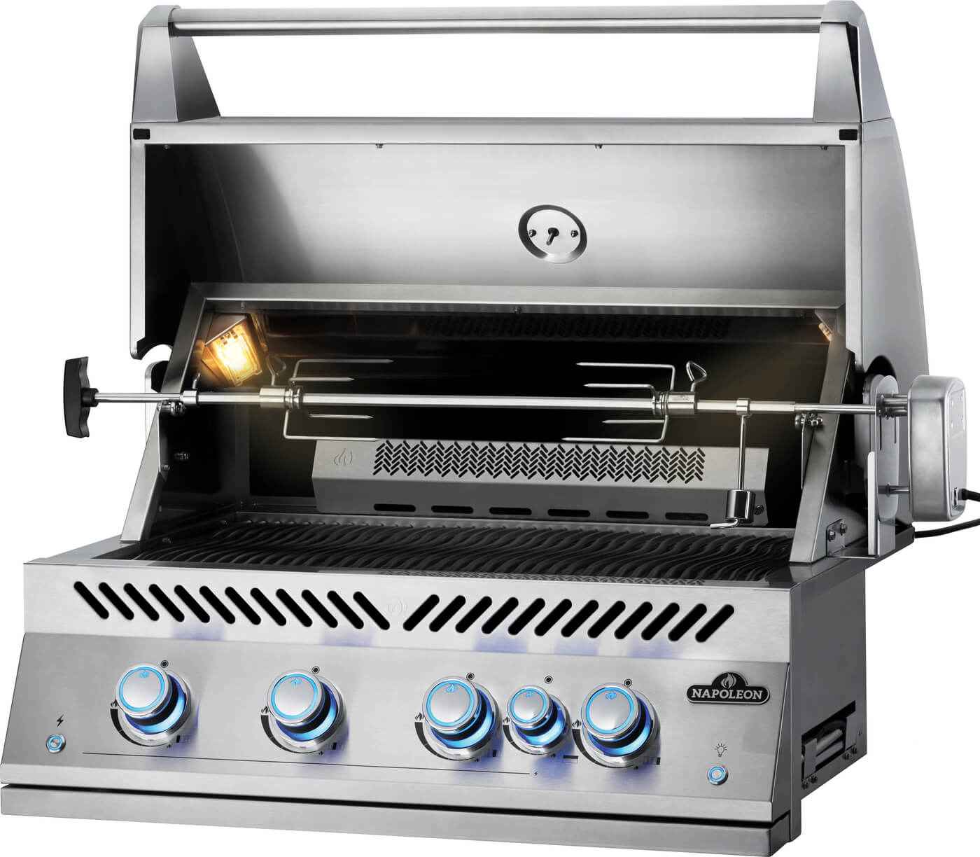 Stainless steel grill with Napoleon branding on a white background