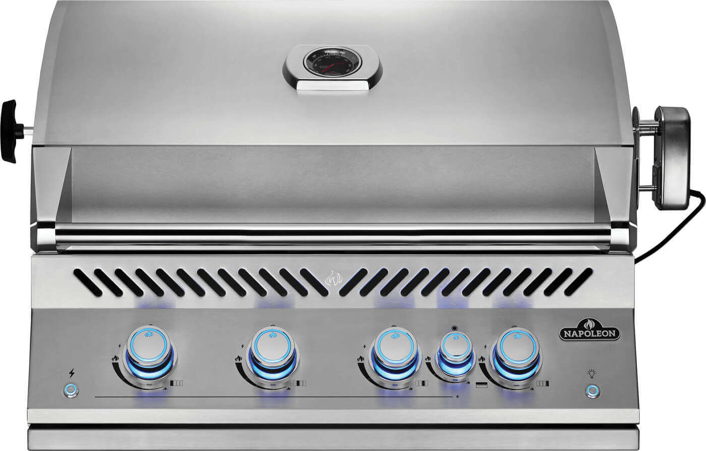 Stainless steel grill with control knobs on a white background