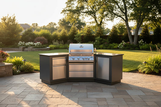 Outdoor kitchen grill with cabinets on a white background