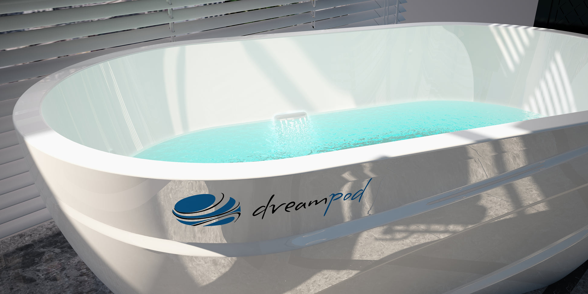 Detail shot of the hand-polished fiberglass exterior and reinforced double-wall construction of the Dreampod Ice Series recovery tub.