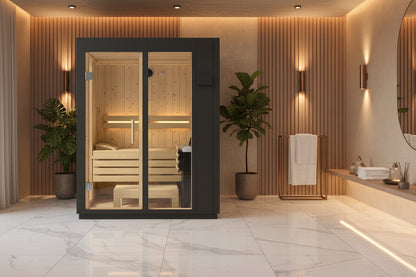 Modern-Graphite-Gray-Indoor-Sauna-Kit-with-Scandinavian-Spruce-Interior