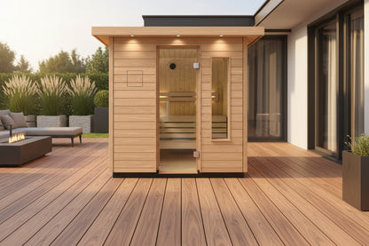 Kohler-C2-Outdoor-Sauna-Douglas-Fir-Exterior-with-Modern-Extended-Roof-Eaves