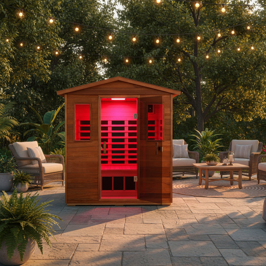 Premium 3-person outdoor infrared sauna crafted from dark West African Mahogany with a glass front.