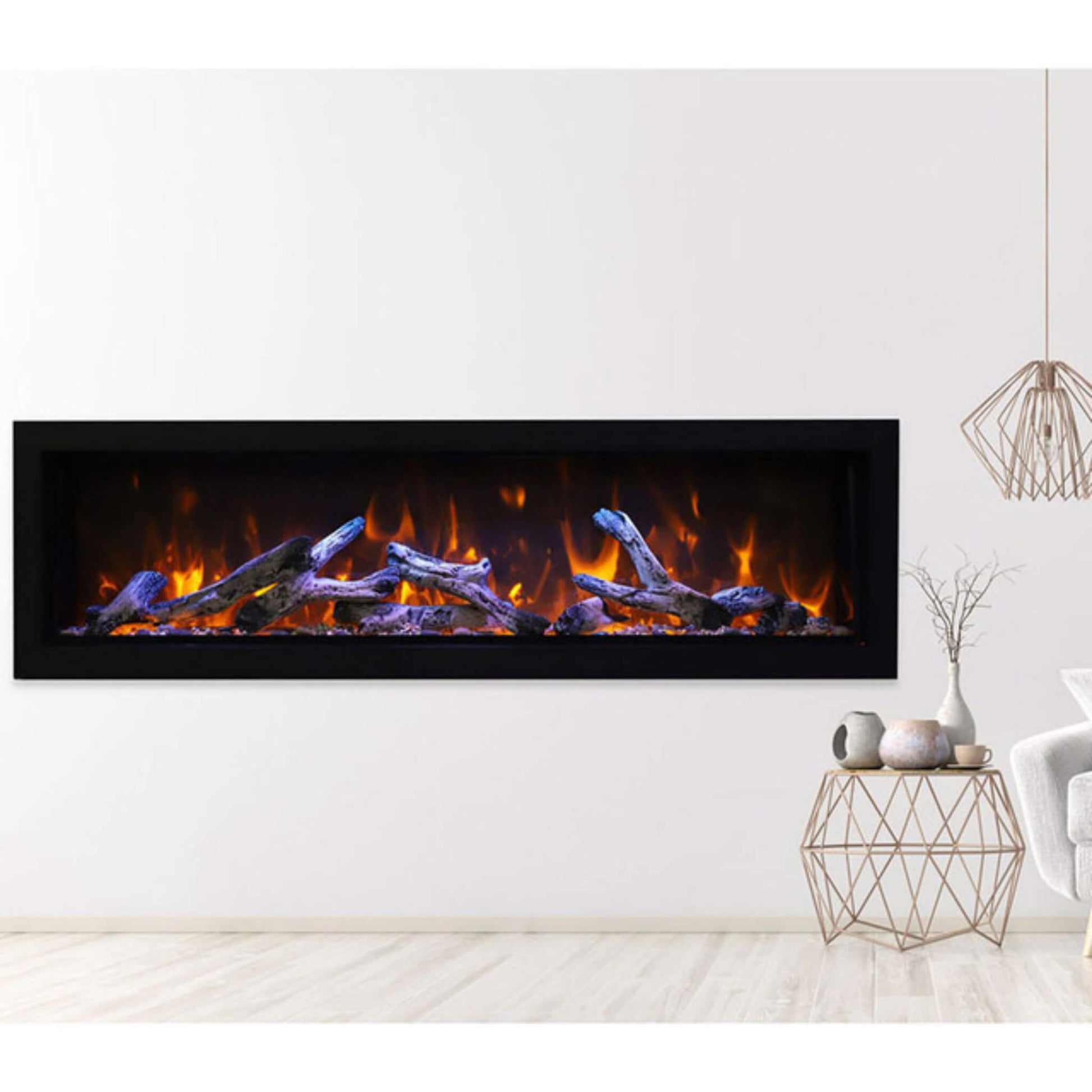 Remii Extra Tall Electric Fireplace with tall viewing area, three-color flame display, black glass side panels, and mirrored media tray