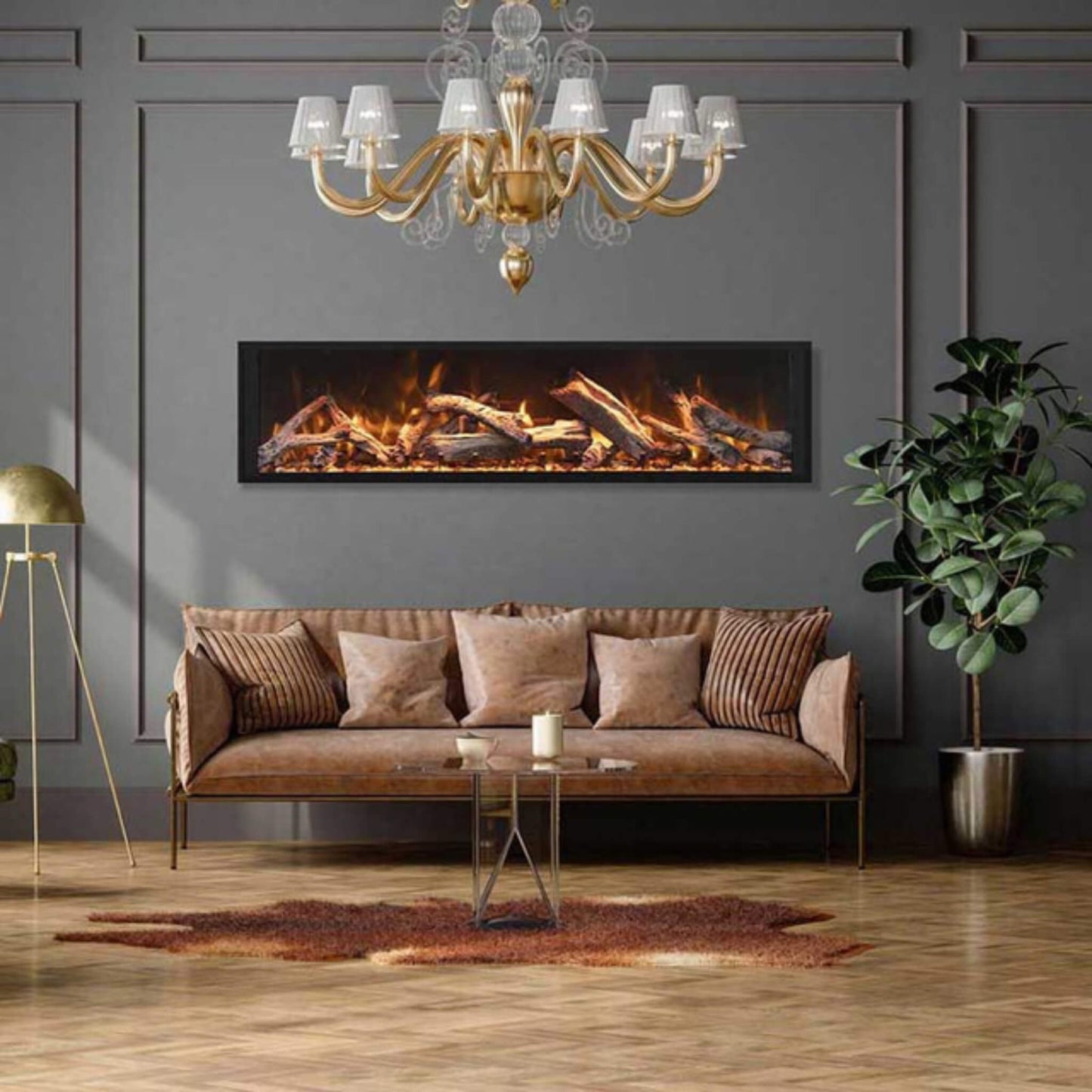 Luxury interior featuring the Remii Extra Tall Electric Fireplace with vibrant flame display and sleek black glass detailing