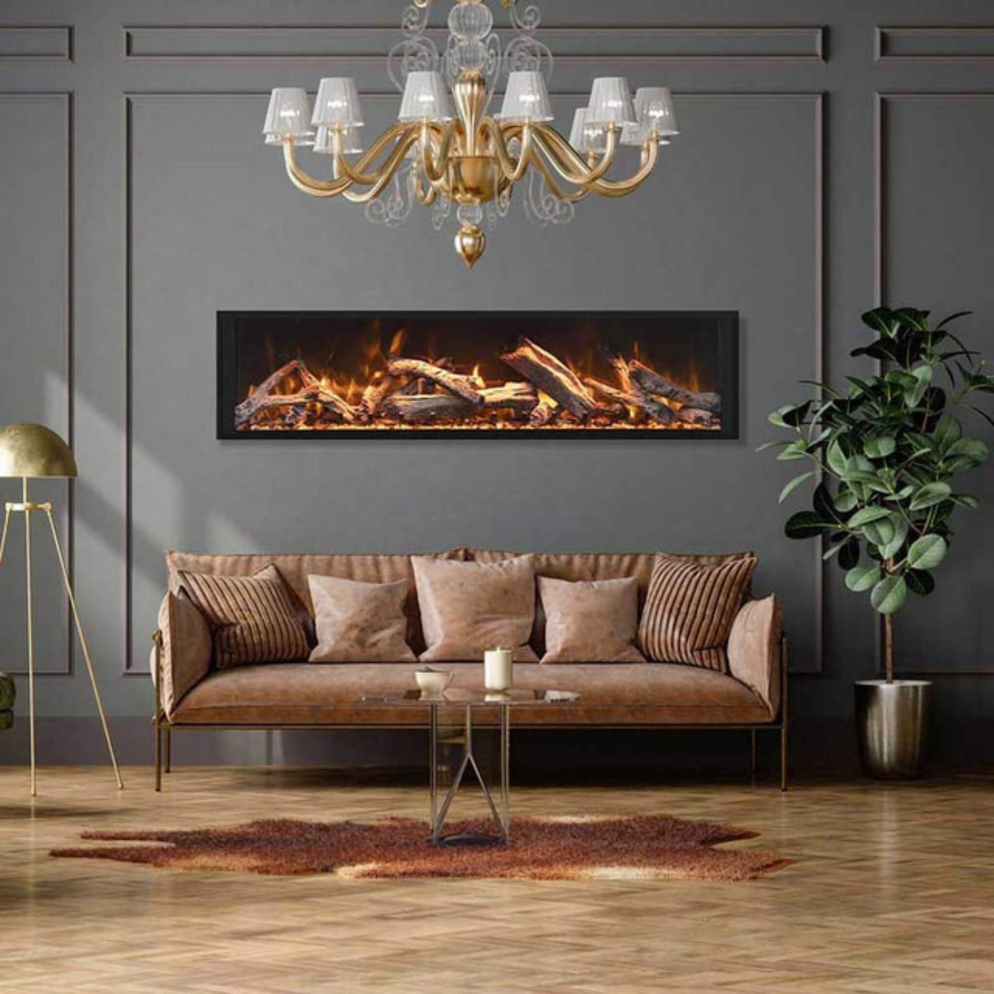 Luxury interior featuring the Remii Extra Tall Electric Fireplace with vibrant flame display and sleek black glass detailing
