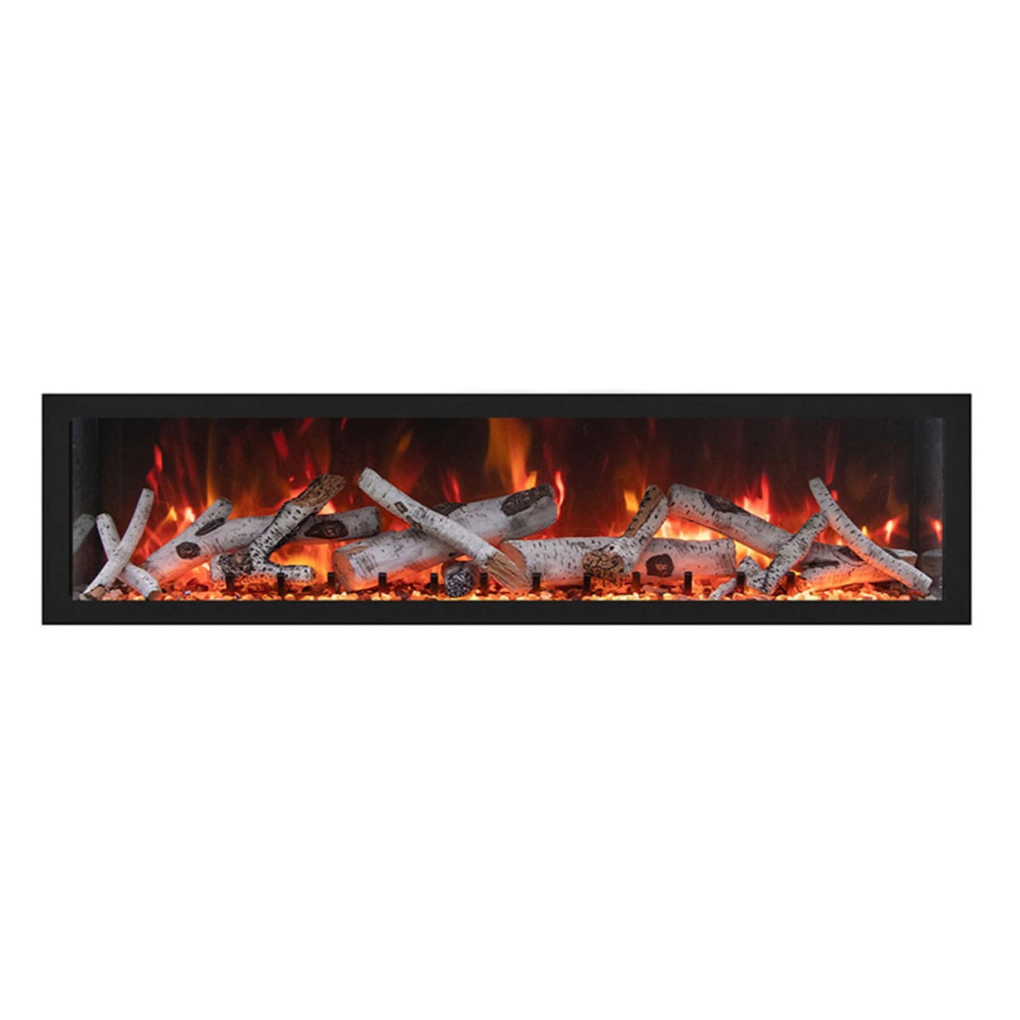 Close-up of Remii Extra Tall Electric Fireplace flame presentation with mirrored media tray and black glass panels