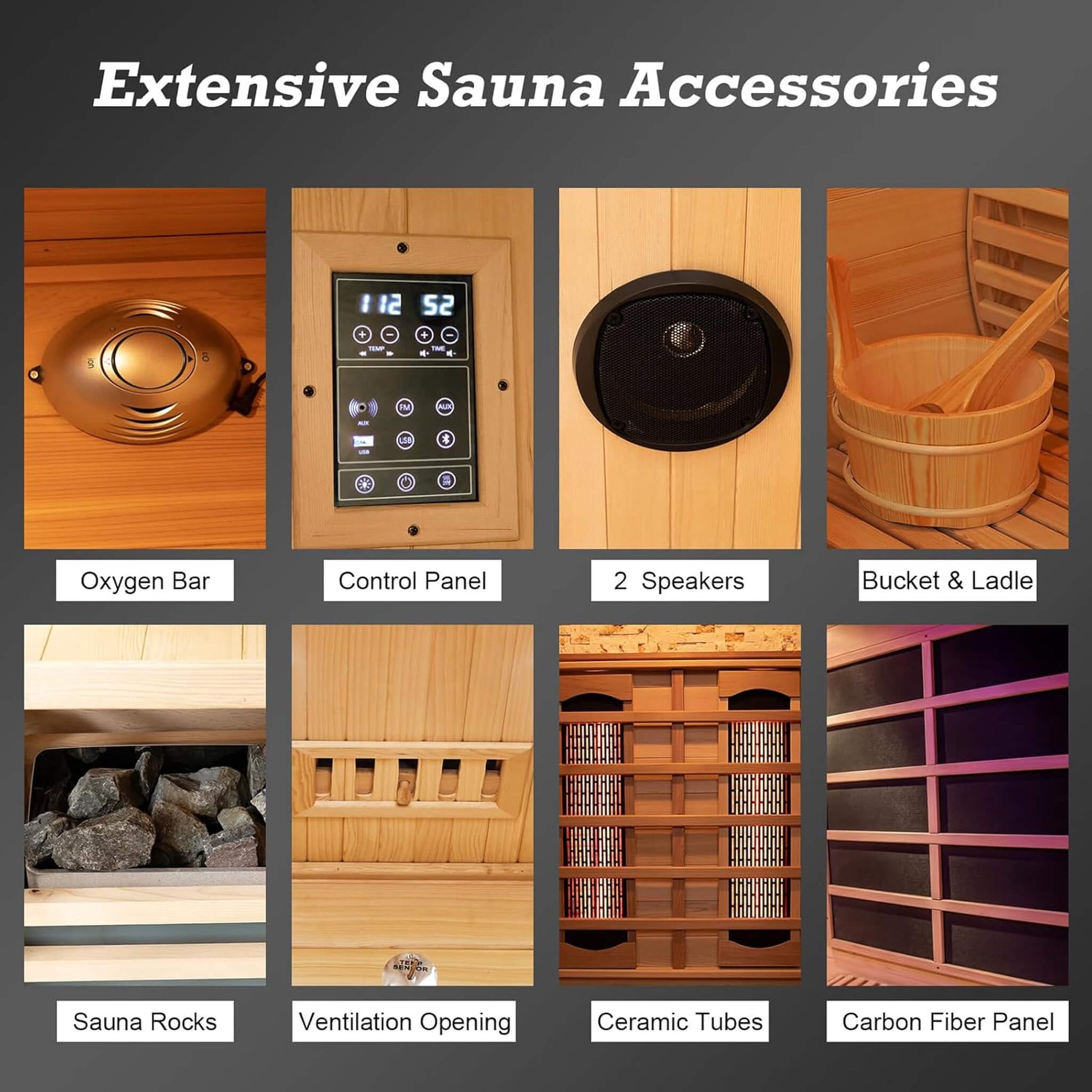 Close-up of smart digital control panel and built-in Bluetooth speaker in a luxury indoor sauna.