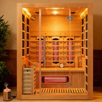 Rövia Aurora 3-person indoor hybrid sauna made of Canadian Hemlock wood with glass door.
