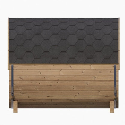 Close-up of durable Thermo-Spruce staves and stainless steel barrel bands on a SaunaLife outdoor sauna.