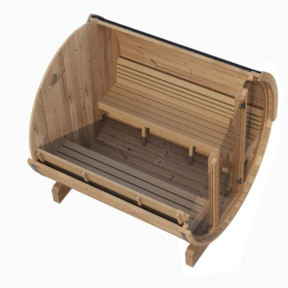 Ergonomic curved Thermo-Aspen benches with arched backrests and warm LED lighting inside a barrel sauna.