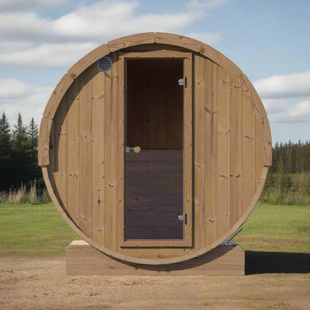 SaunaLife Model E8W 6-person outdoor barrel sauna made of Thermo-Spruce with shingle roof.