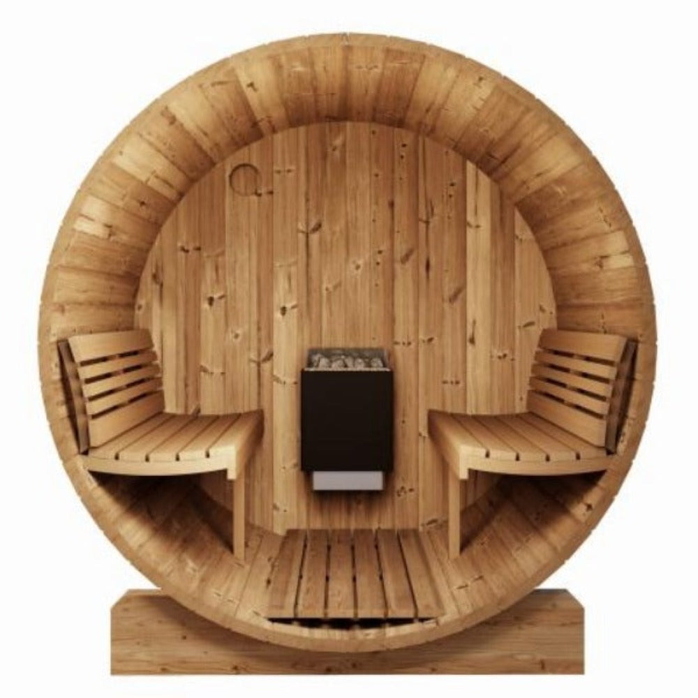 Ergonomic curved Thermo-Aspen benches and arched backrests inside a 6-person sauna.
