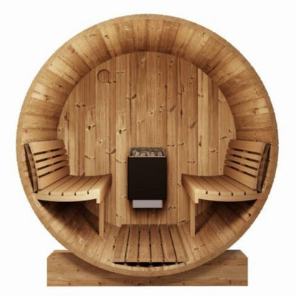 Ergonomic curved Thermo-Aspen benches and arched backrests inside a 6-person sauna.