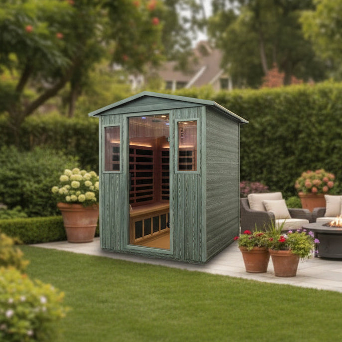 Thermora 4-person outdoor infrared sauna with gambrel roof and carbonized wood-plastic composite finish.