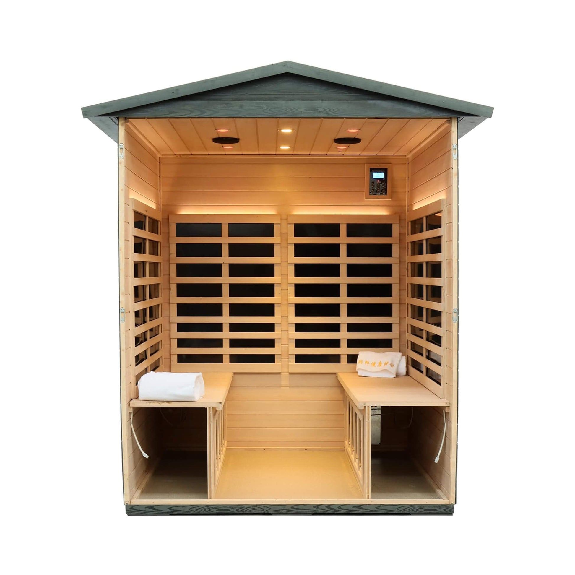 Interior view showing 360-degree carbon crystal infrared heating plates in a Thermora sauna.