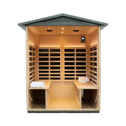 Interior view showing 360-degree carbon crystal infrared heating plates in a Thermora sauna.