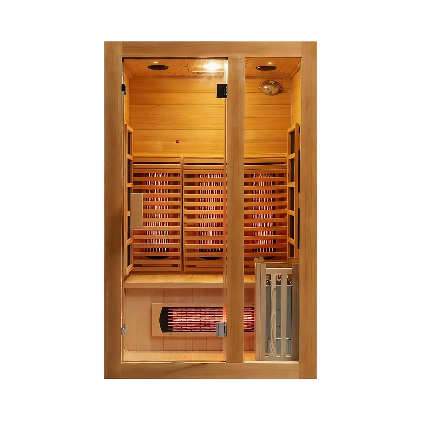 Interior view of Rövia sauna showing ergonomic bench and carbon fiber heating panels.