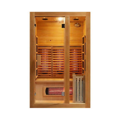 Interior view of Rövia sauna showing ergonomic bench and carbon fiber heating panels.