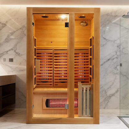 Rövia 2-person dual-system indoor sauna with Canadian Hemlock exterior and glass door.