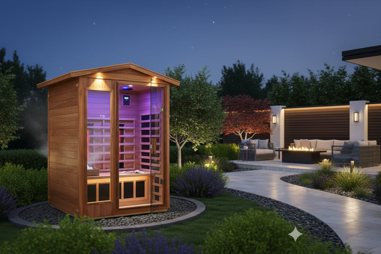 Thermora-2-Person-Outdoor-Infrared-Sauna-West-African-Mahogany-Exterior